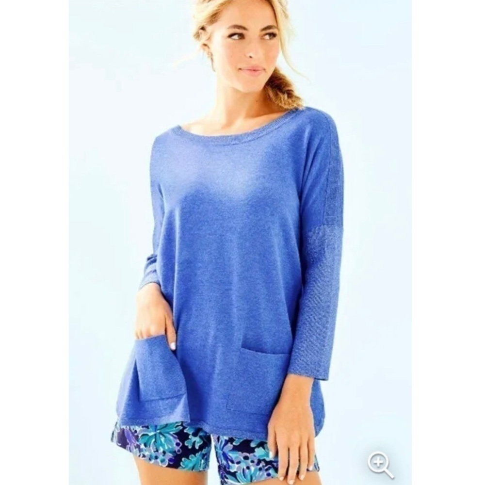 Lilly Pulitzer NWOT Cobo Sweater in Heathered Coastal Blue Sparkle Sleeve
